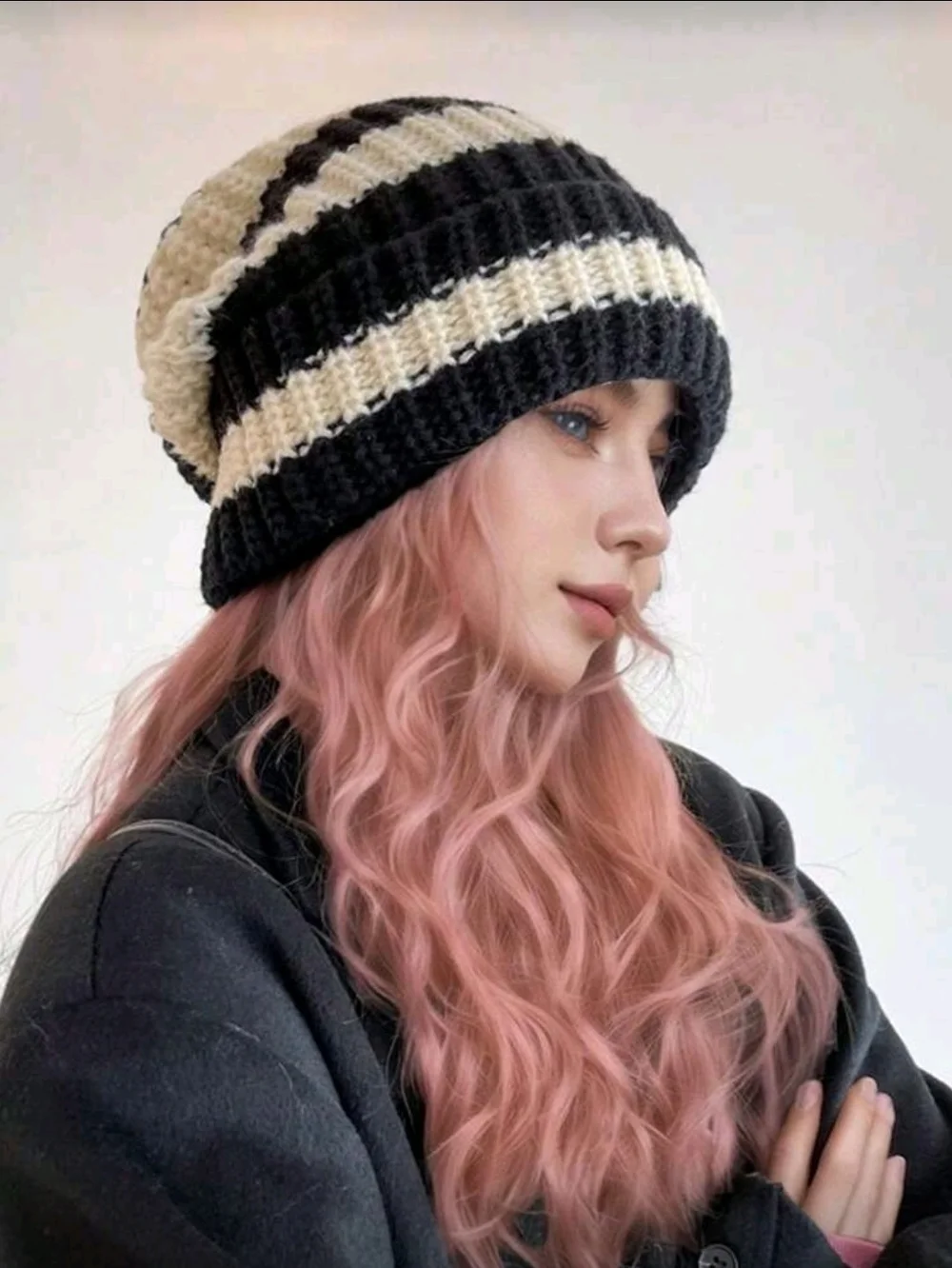 Black & Cream Striped Knit Beanie - Women